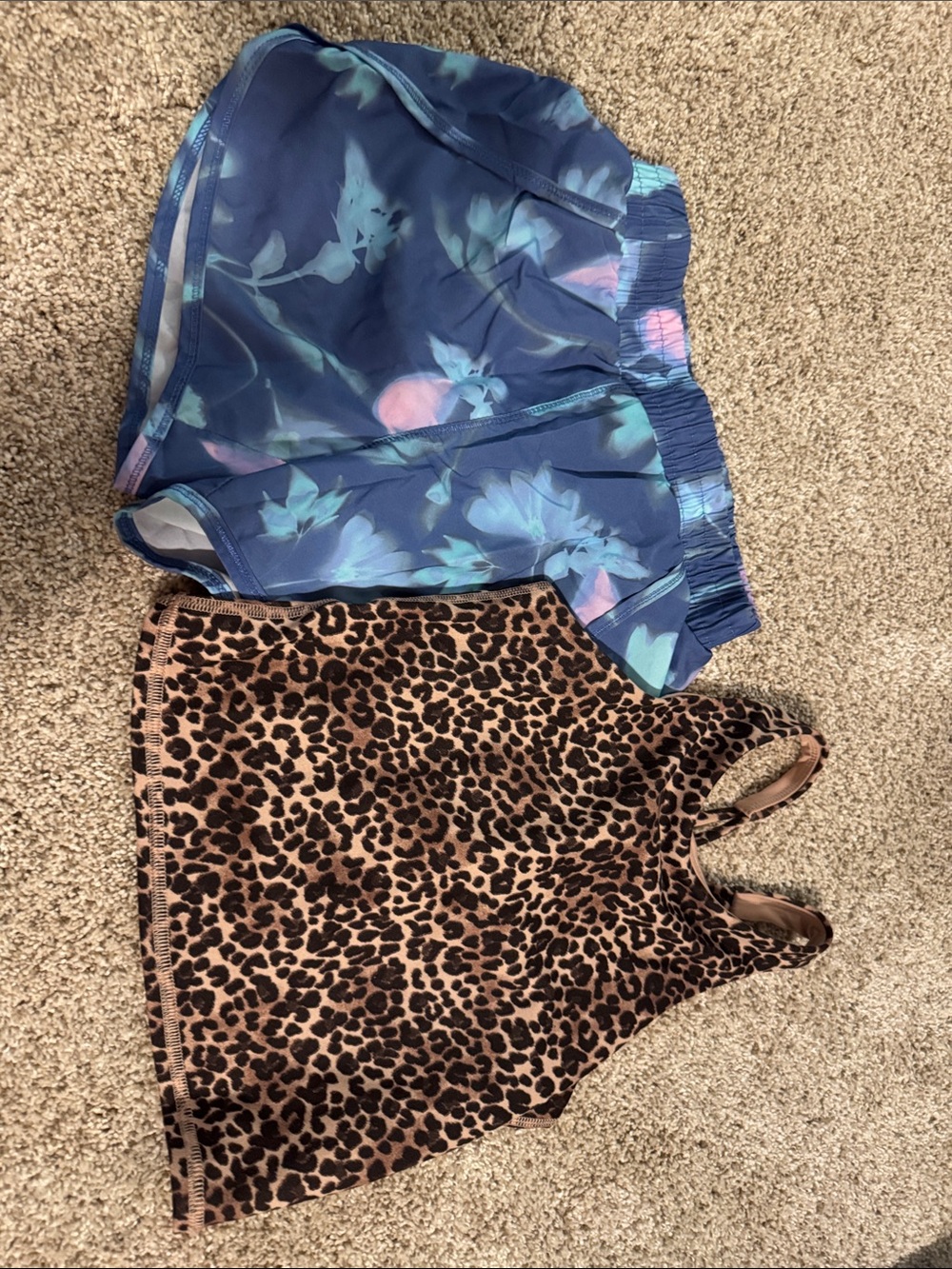 all in motion Leopard-Print Strappy Sports Bra - Tan, Brown and floral shorts